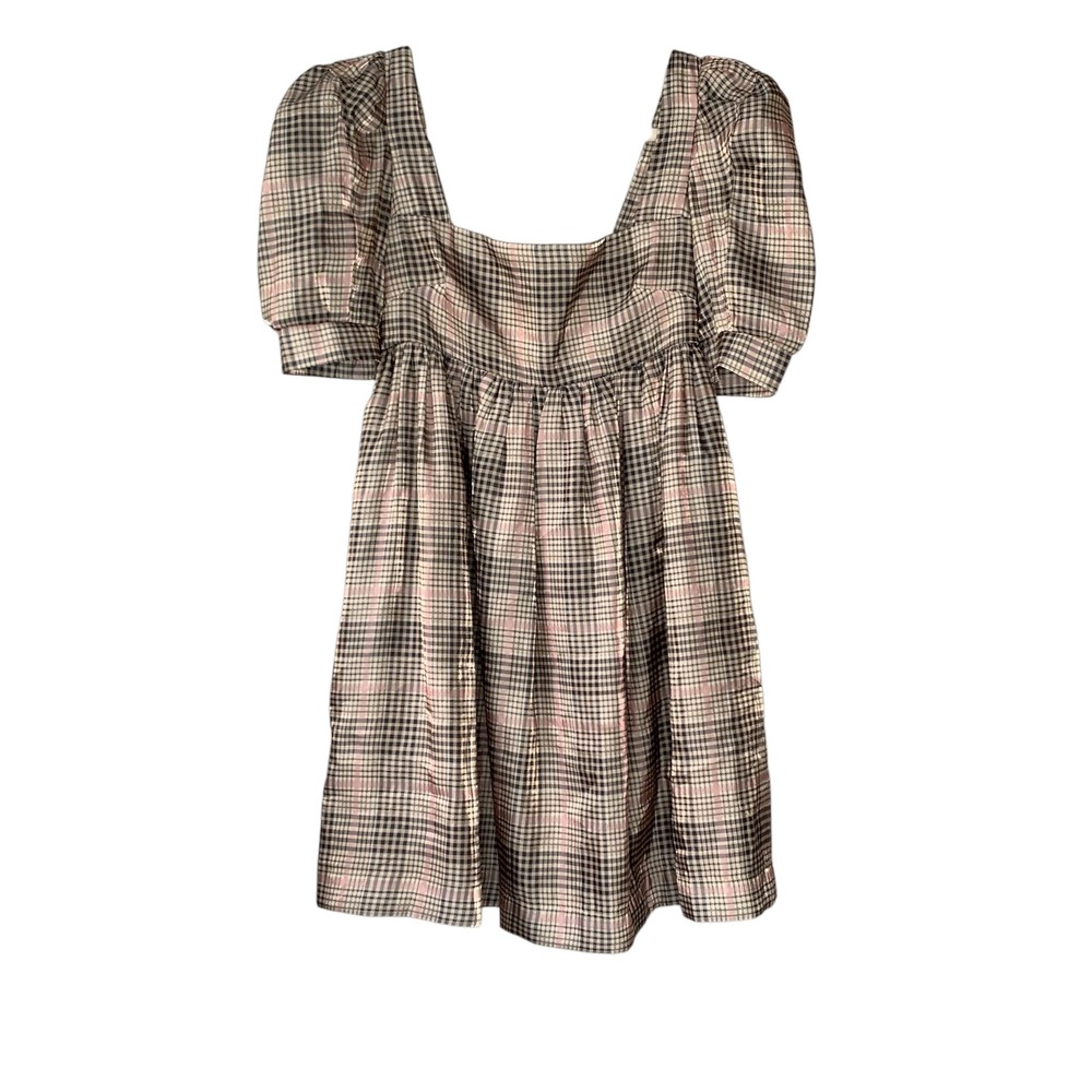 En Saison nude plaid organza babydoll puff sleeve mini dress. EUC Size XS